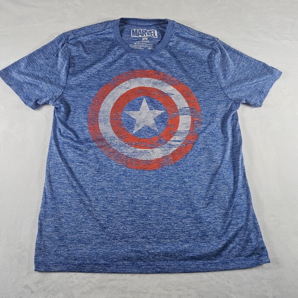 Marvel Captain America Men's T-Shirt Size M Blue Heathered Printed Logo Shield